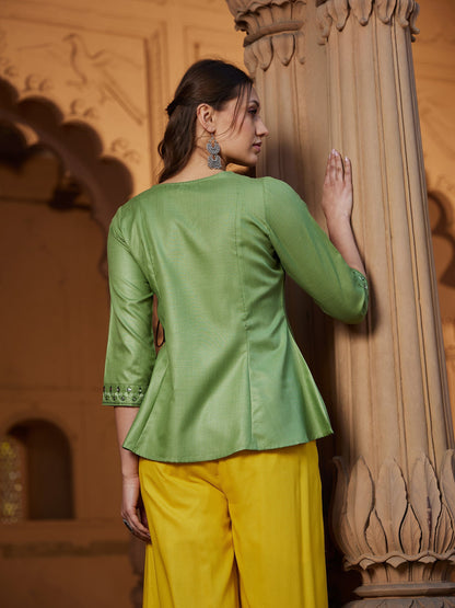 Women's Green Embroidered Angrakha Top