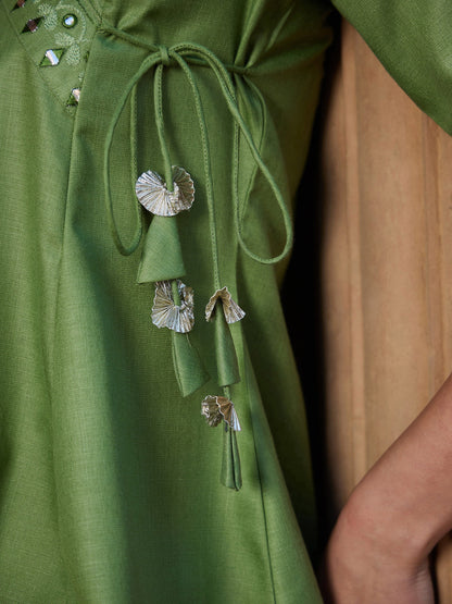 Women's Green Embroidered Angrakha Top