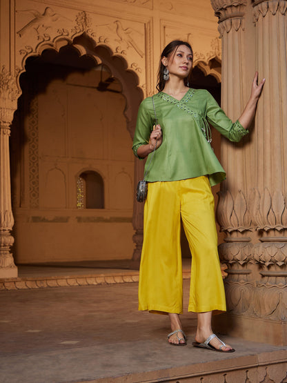Women's Green Embroidered Angrakha Top