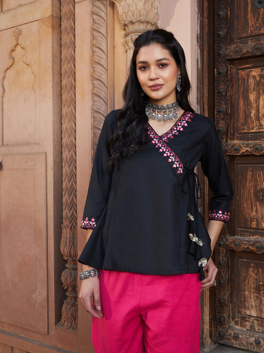 Women's Black Embroidered Angrakha Top