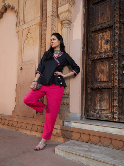 Women's Black Embroidered Angrakha Top
