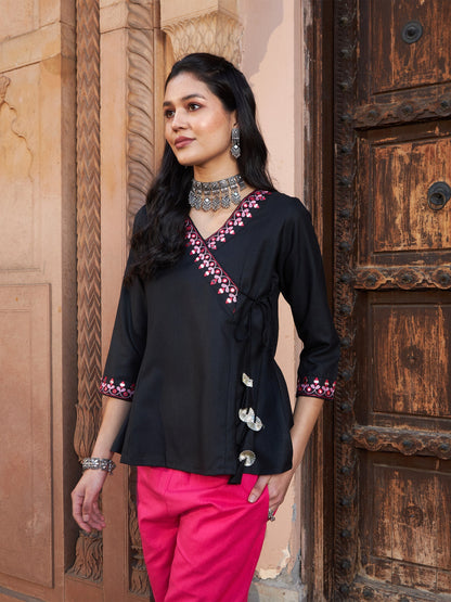 Women's Black Embroidered Angrakha Top