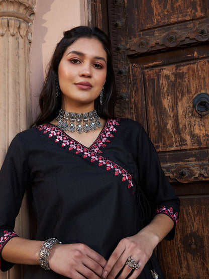 Women's Black Embroidered Angrakha Top