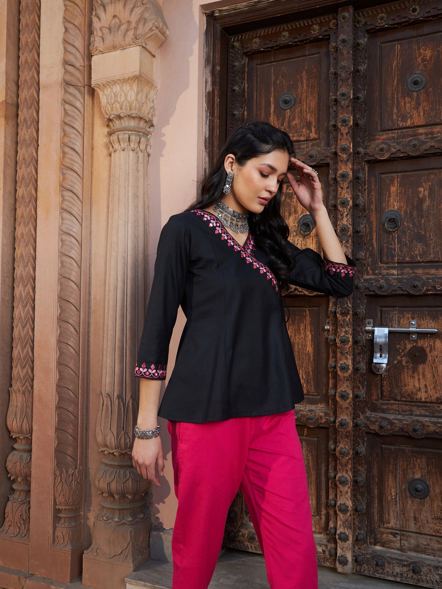 Women's Black Embroidered Angrakha Top