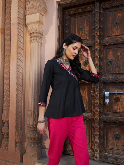 Women's Black Embroidered Angrakha Top