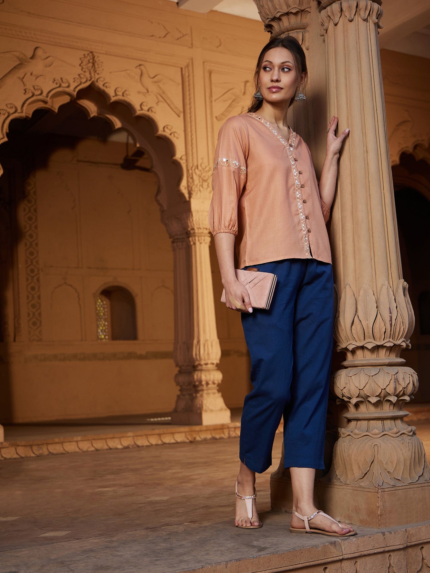 Women's Peach Scalloped Embroidered Top