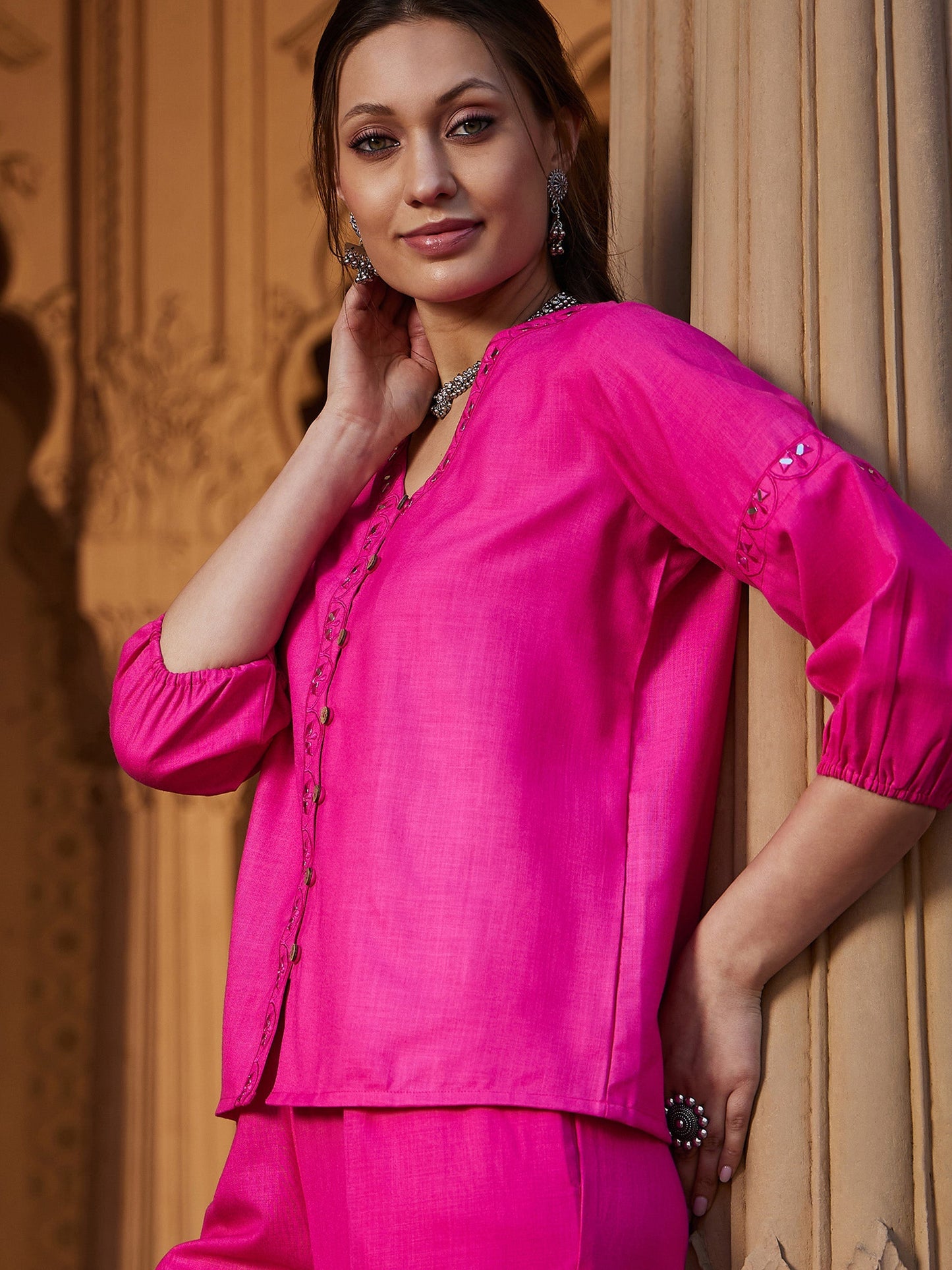 Women's Fuchsia Scalloped Embroidered Top