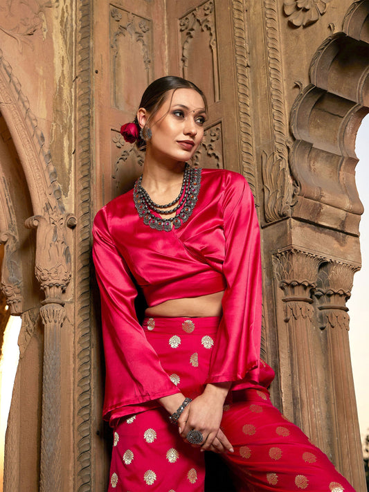Women's Fuchsia Satin Wrap Crop Top