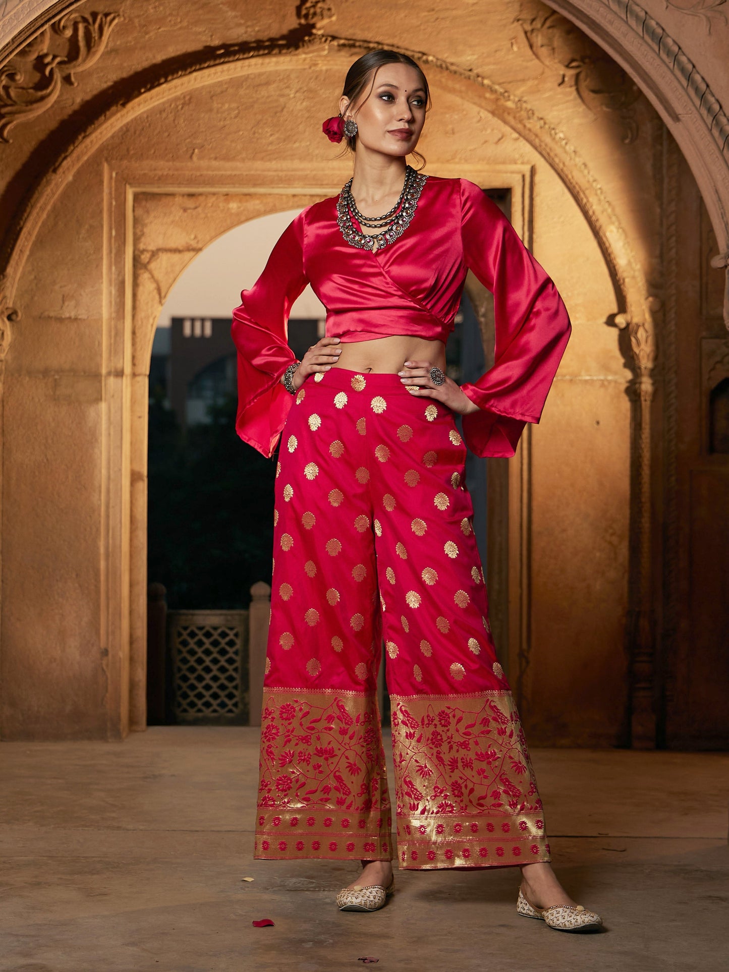 Women's Fuchsia Satin Wrap Crop Top