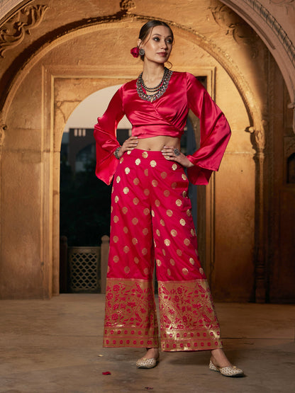 Women's Fuchsia Satin Wrap Crop Top