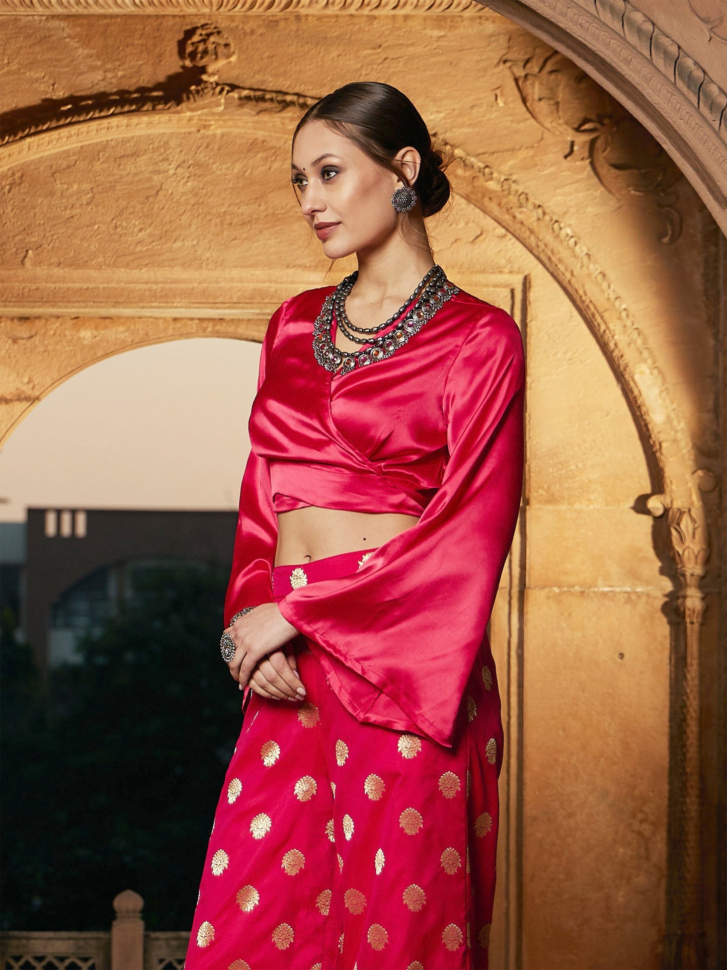 Women's Fuchsia Satin Wrap Crop Top