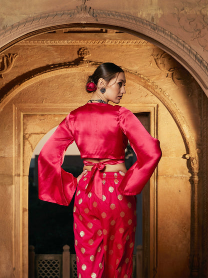 Women's Fuchsia Satin Wrap Crop Top