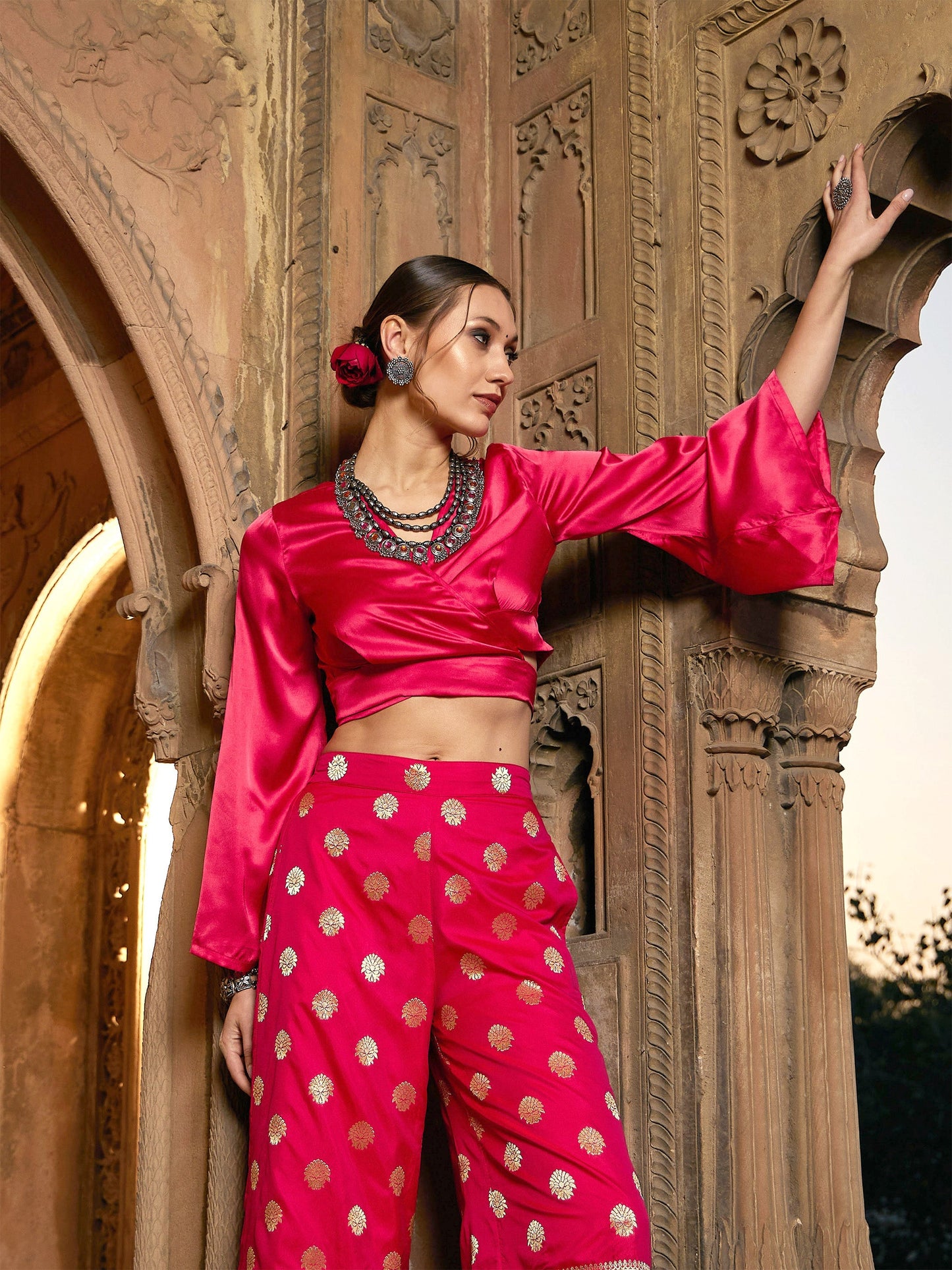 Women's Fuchsia Satin Wrap Crop Top