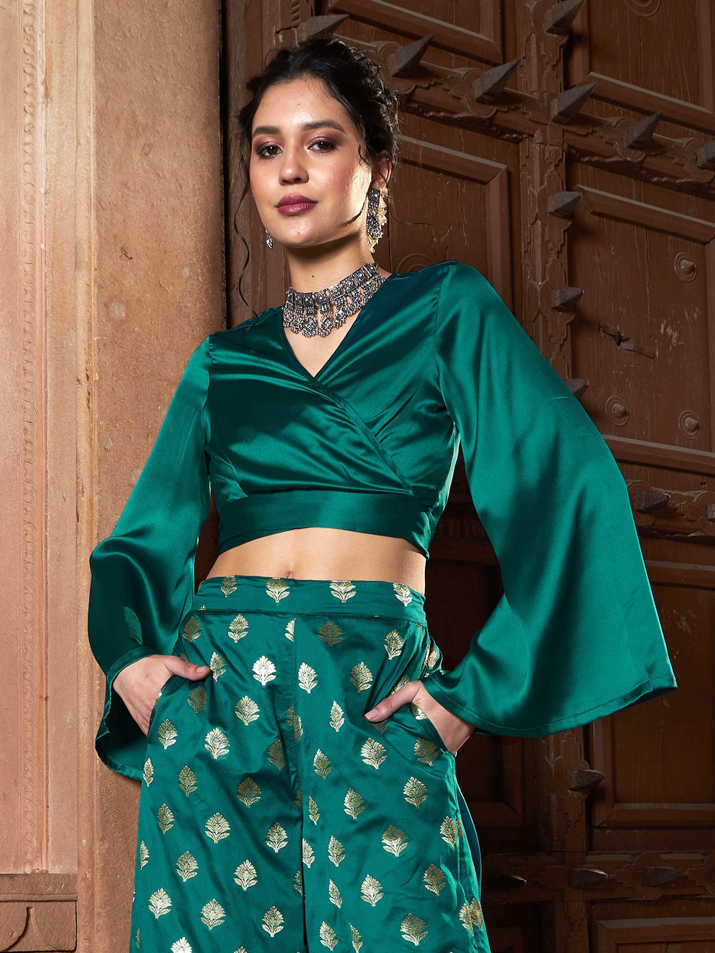 Women's Teal Satin Wrap Crop Top