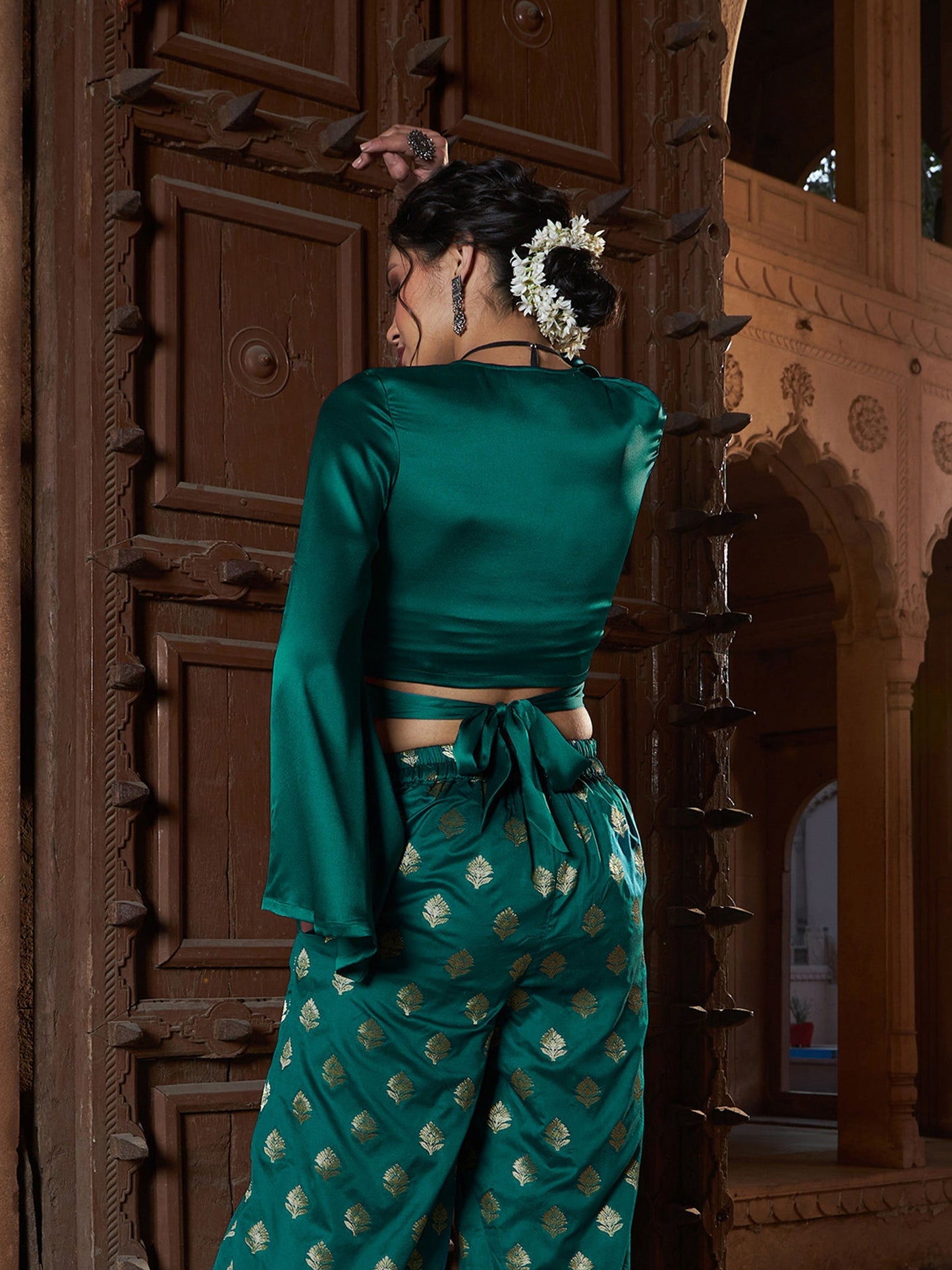 Women's Teal Satin Wrap Crop Top