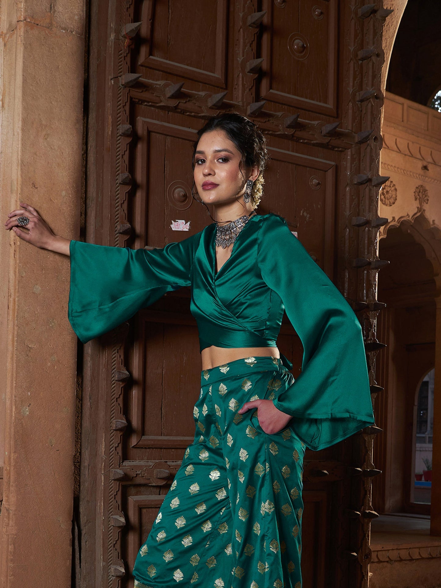 Women's Teal Satin Wrap Crop Top