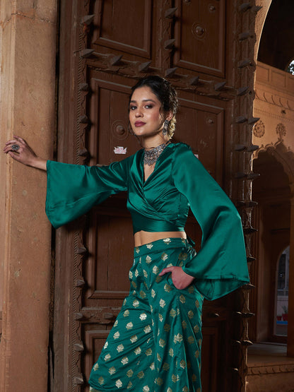 Women's Teal Satin Wrap Crop Top
