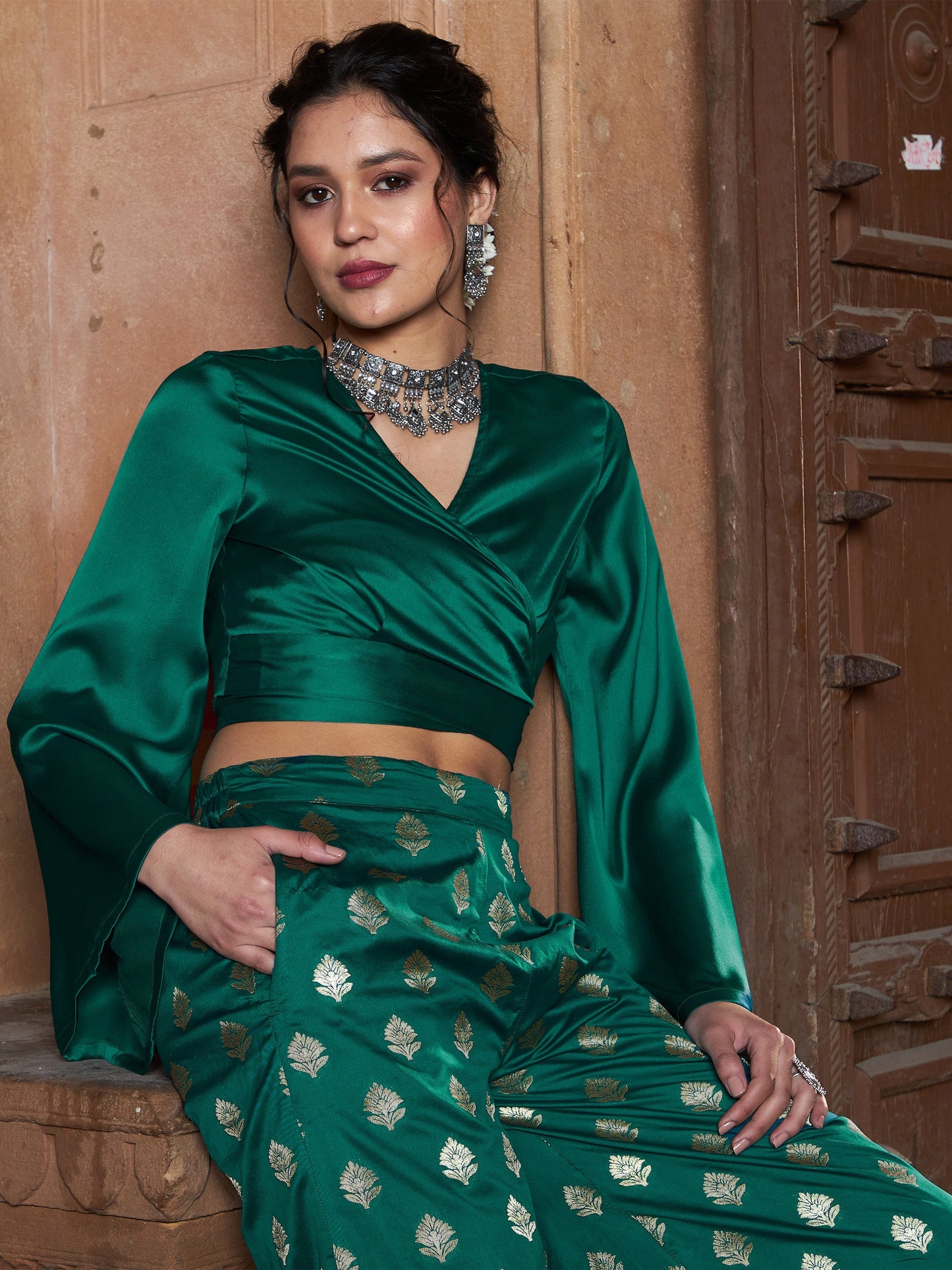 Women's Teal Satin Wrap Crop Top