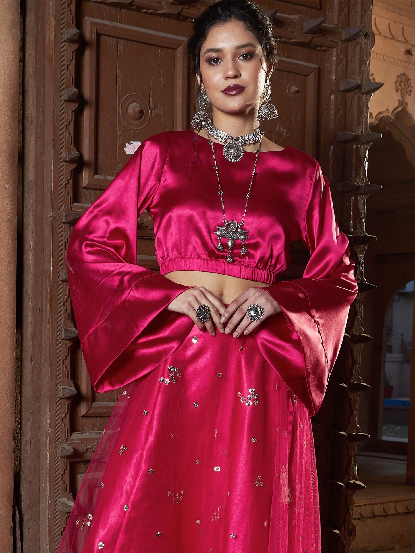 Women's Fuchsia Satin Flared Sleeves Crop Top