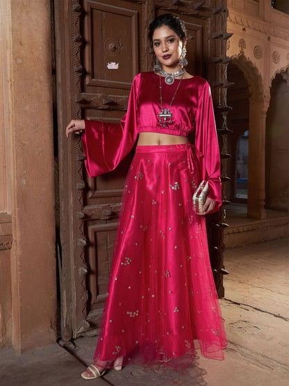Women's Fuchsia Satin Flared Sleeves Crop Top
