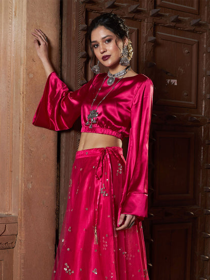 Women's Fuchsia Satin Flared Sleeves Crop Top