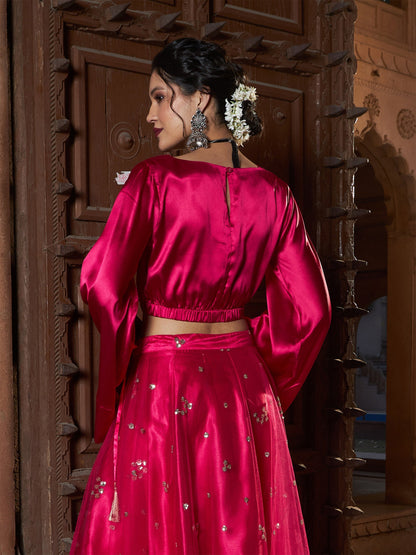 Women's Fuchsia Satin Flared Sleeves Crop Top
