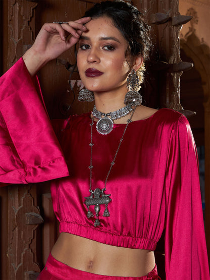 Women's Fuchsia Satin Flared Sleeves Crop Top