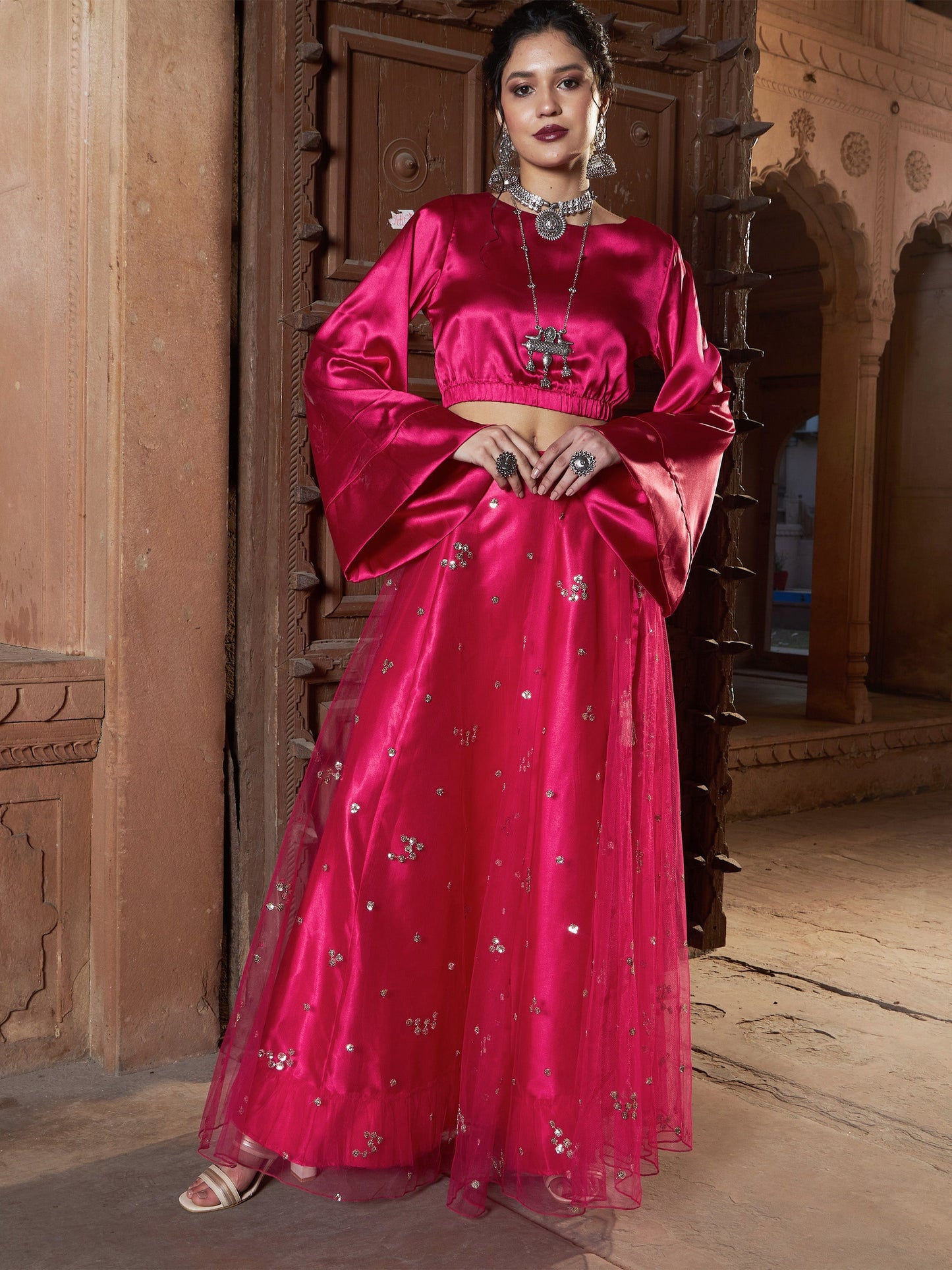 Women's Fuchsia Satin Flared Sleeves Crop Top