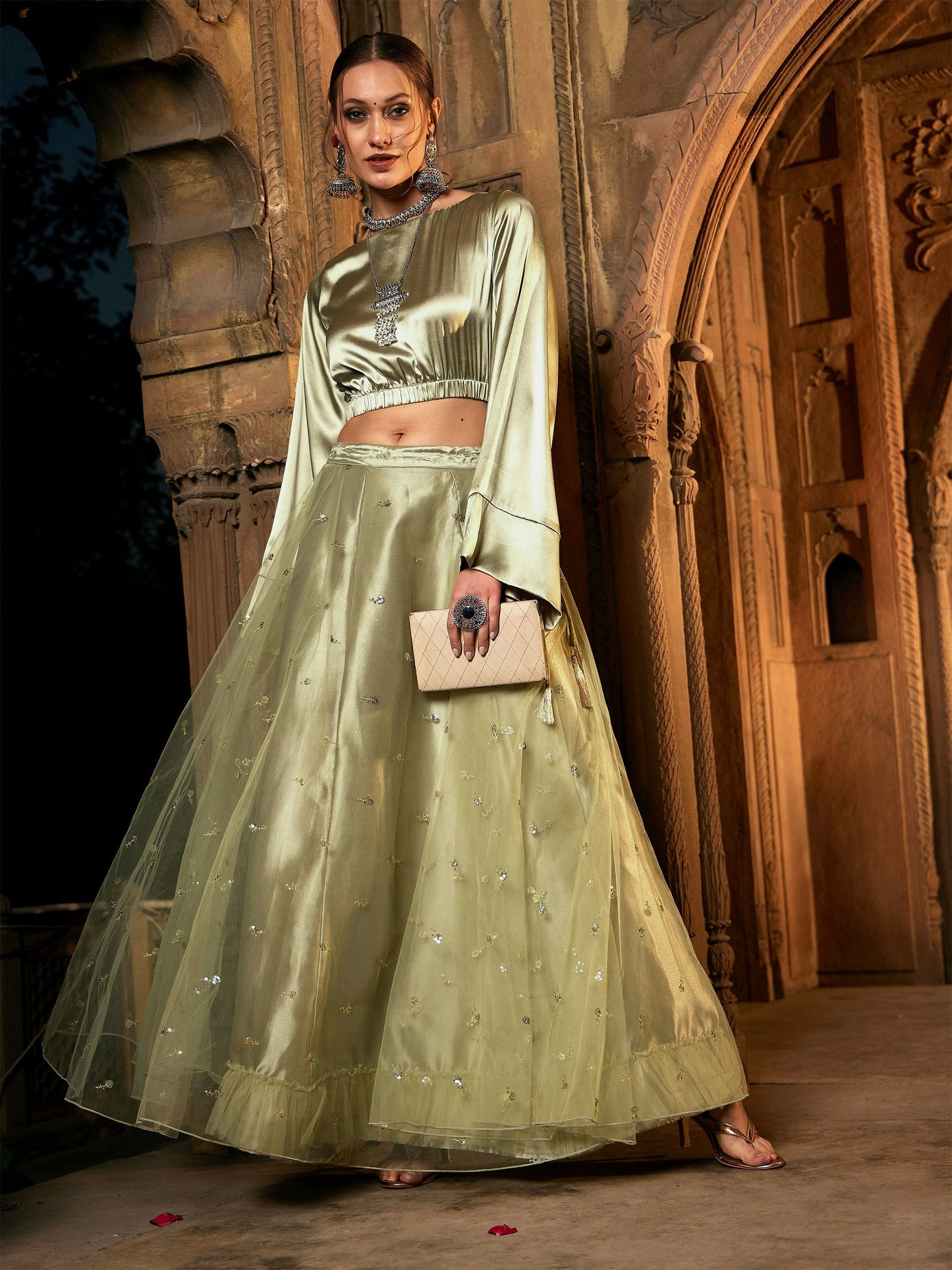 Women's Olive Satin Flared Sleeves Crop Top
