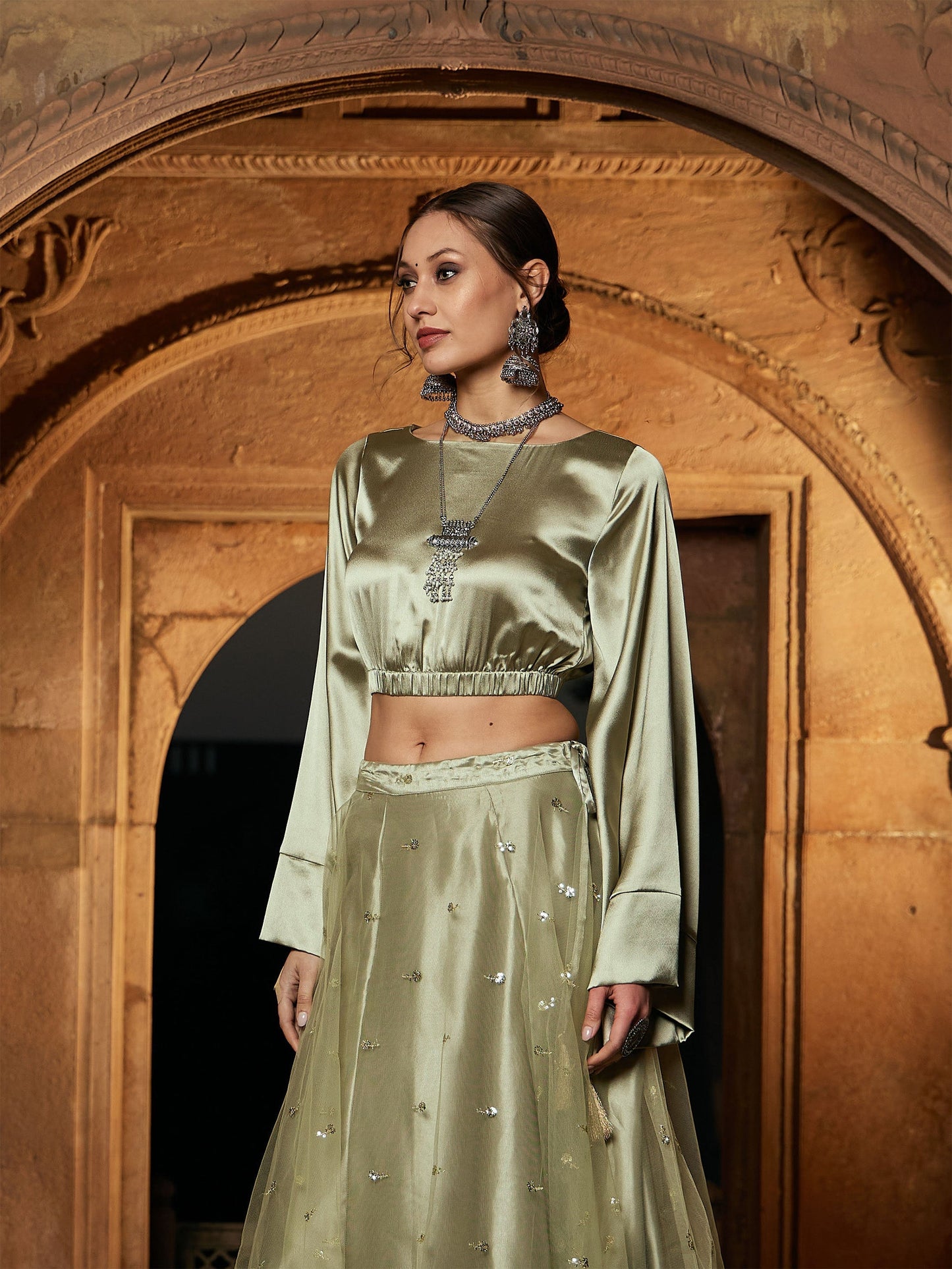 Women's Olive Satin Flared Sleeves Crop Top