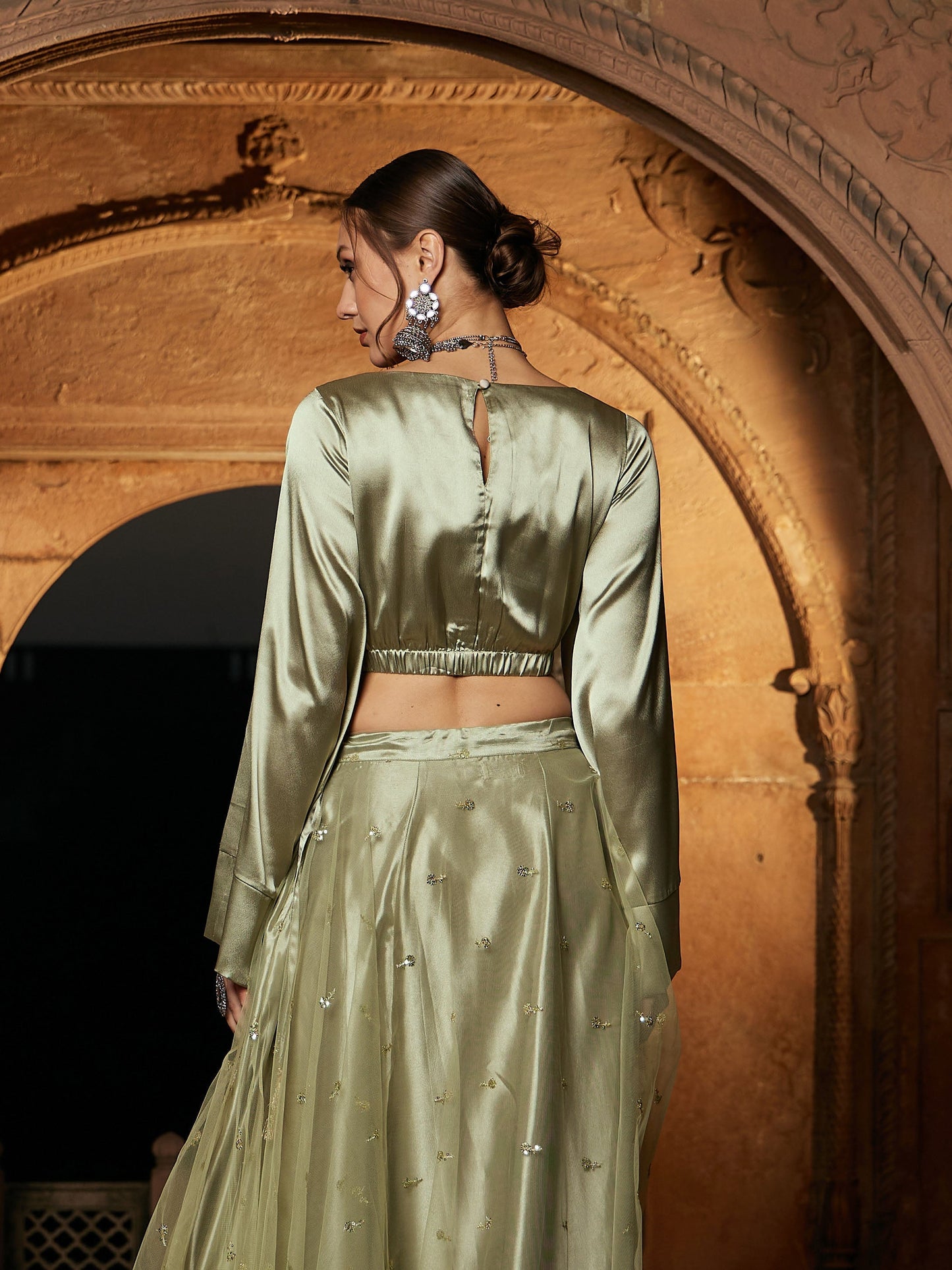 Women's Olive Satin Flared Sleeves Crop Top