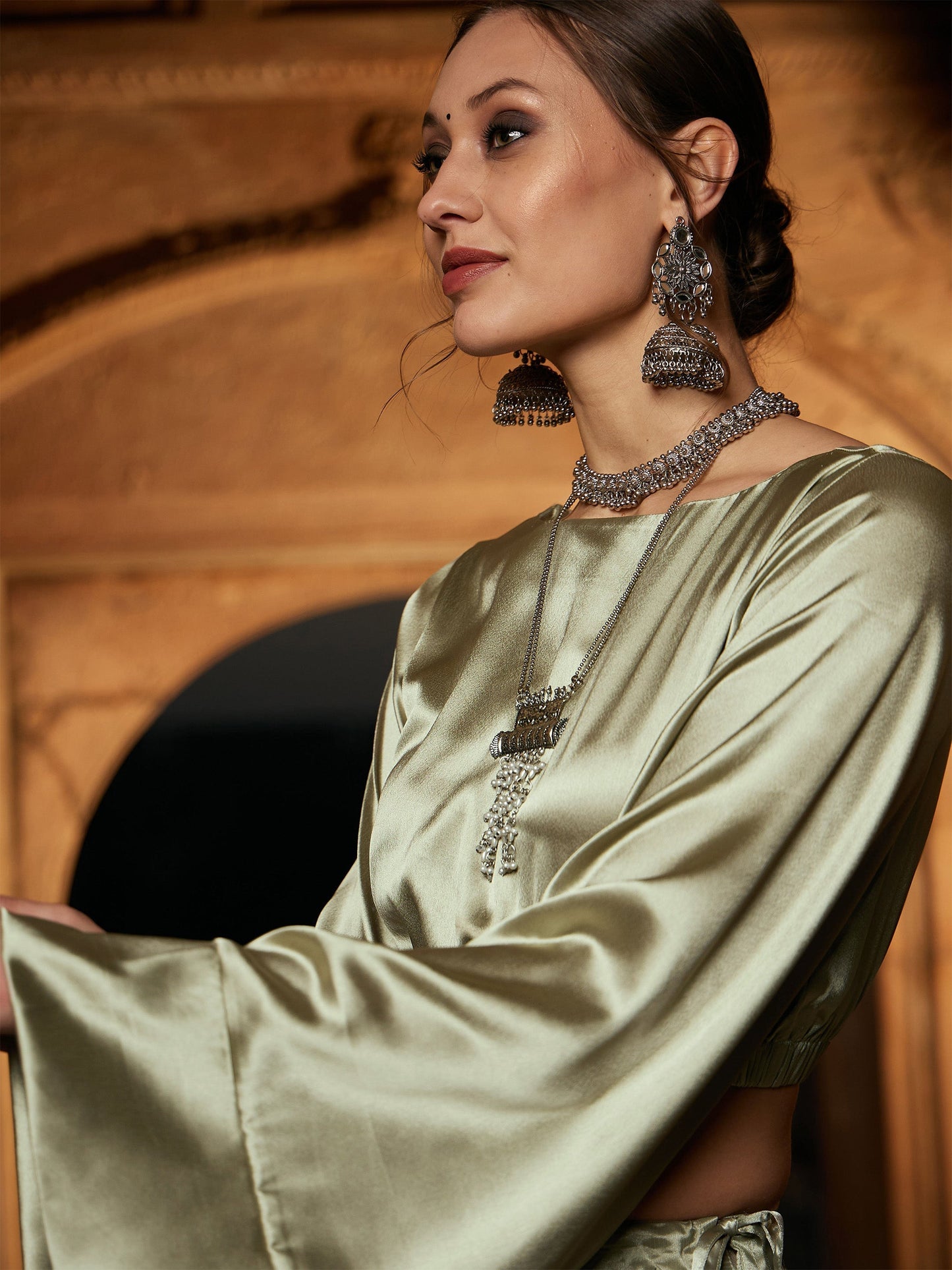 Women's Olive Satin Flared Sleeves Crop Top