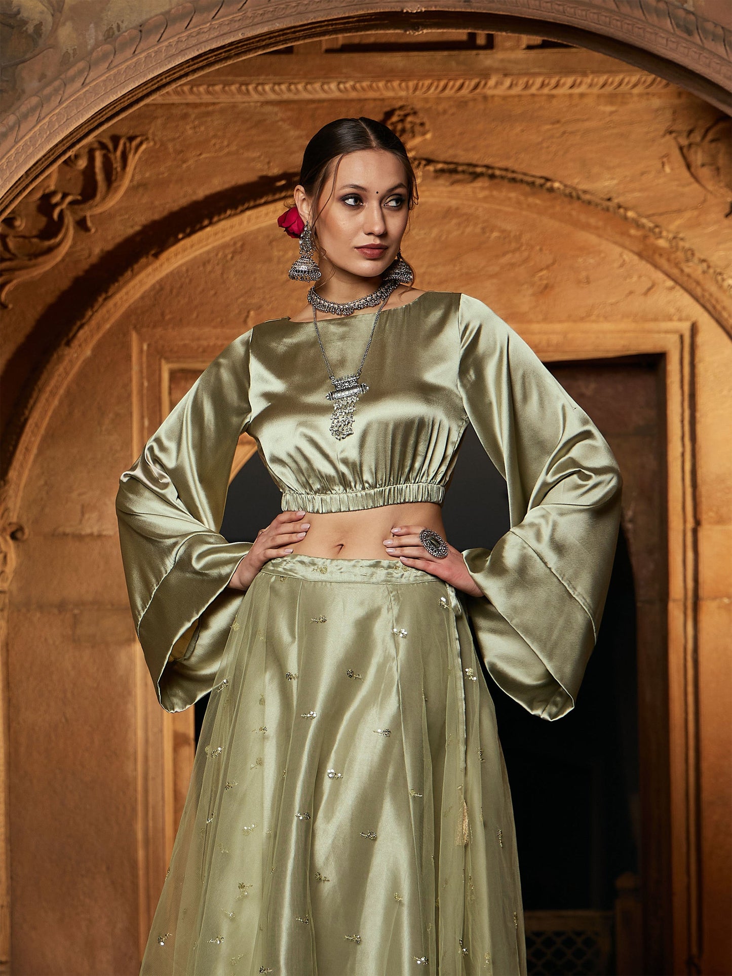 Women's Olive Satin Flared Sleeves Crop Top