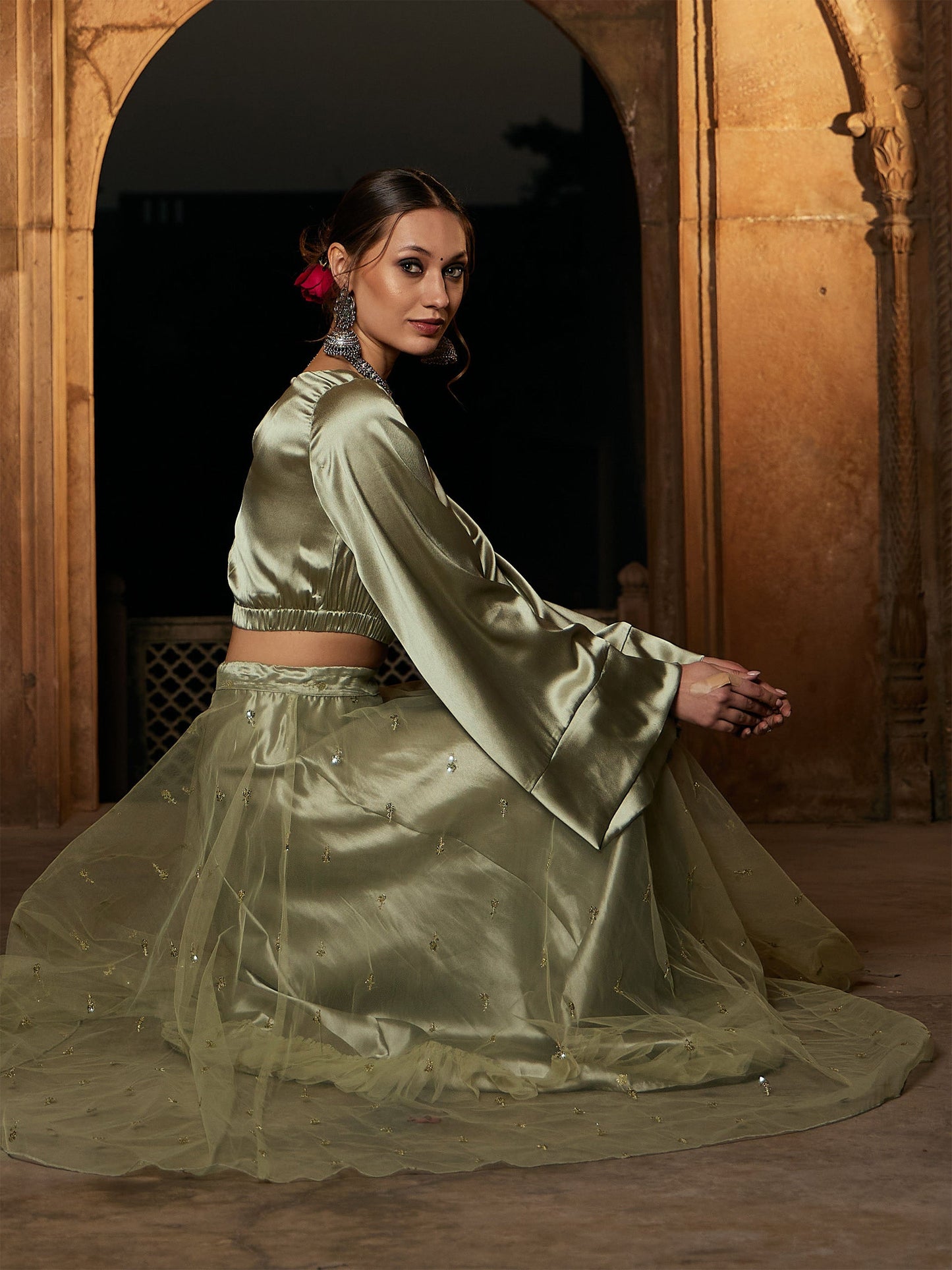 Women's Olive Satin Flared Sleeves Crop Top