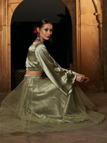 Women's Olive Satin Flared Sleeves Crop Top