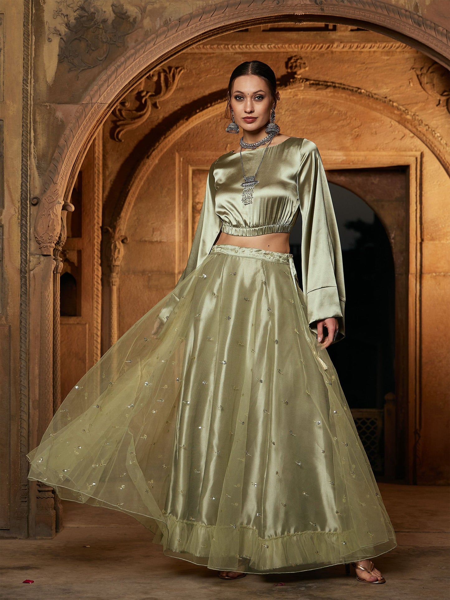 Women's Olive Satin Flared Sleeves Crop Top