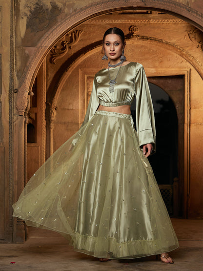 Women's Olive Satin Flared Sleeves Crop Top
