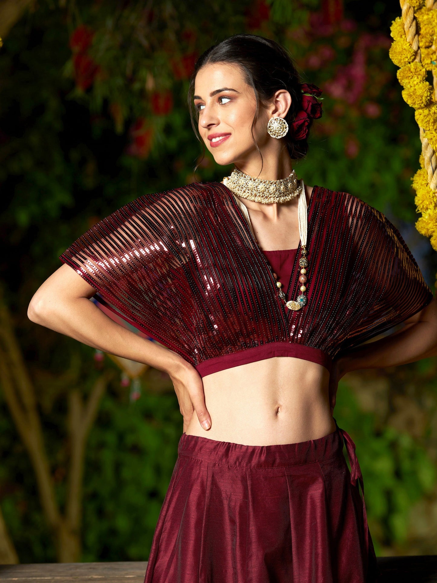 Women's Maroon Mesh Mettalic Stripe Detail Crop Top