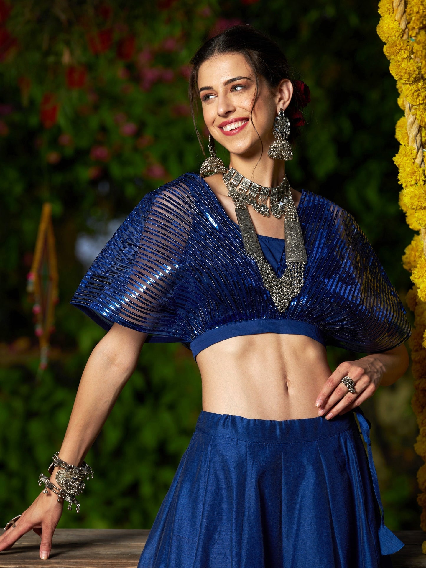 Women's Blue Mesh Mettalic Stripe Detail Crop Top