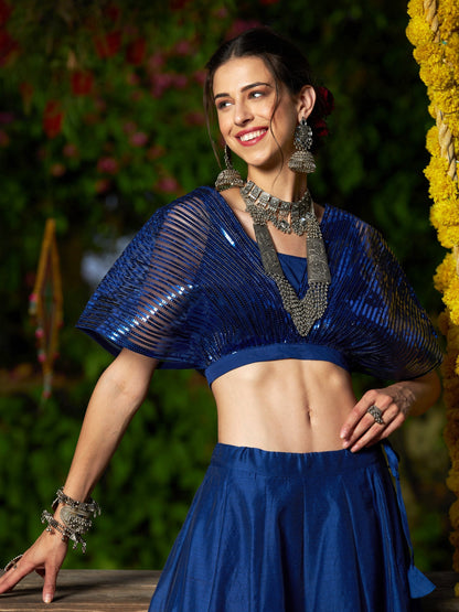 Women's Blue Mesh Mettalic Stripe Detail Crop Top