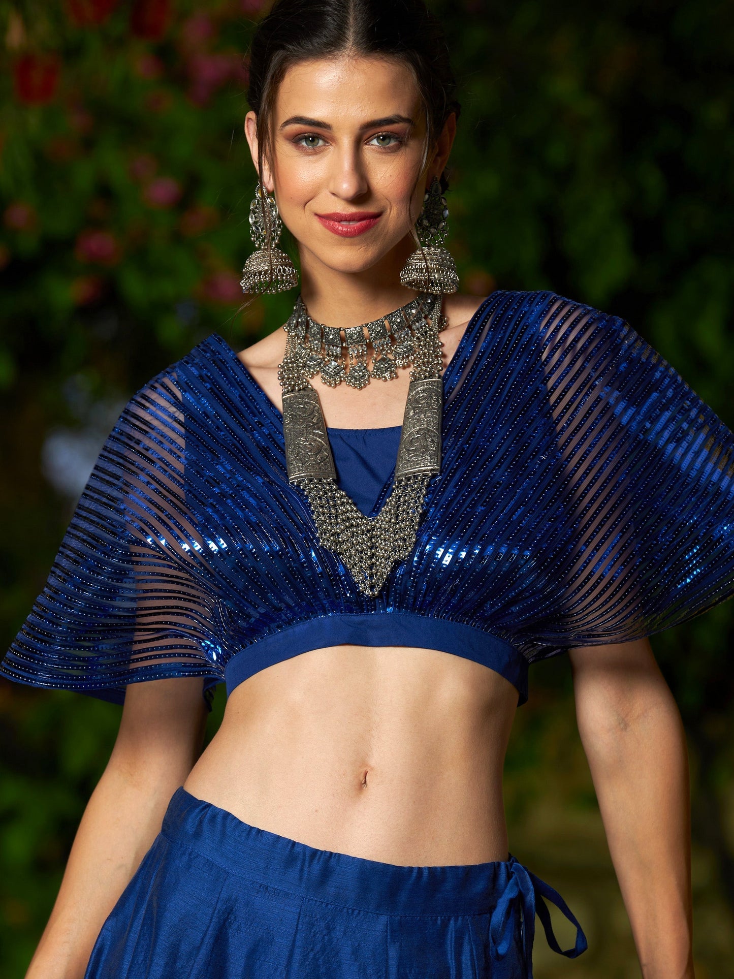 Women's Blue Mesh Mettalic Stripe Detail Crop Top