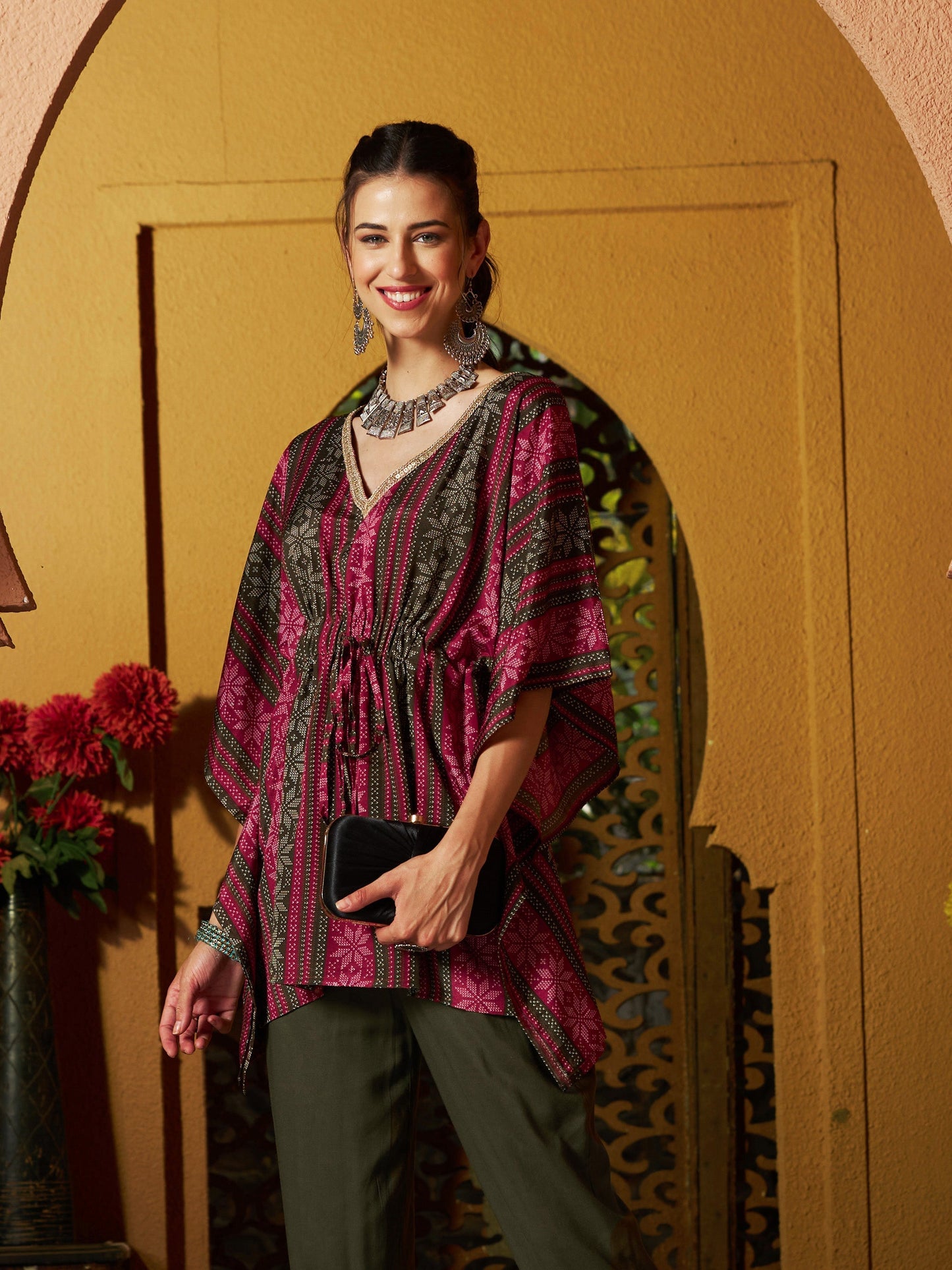 Women's Maroon Geometric Floral Short Kaftan Top