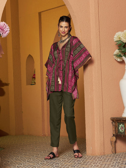 Women's Maroon Geometric Floral Short Kaftan Top