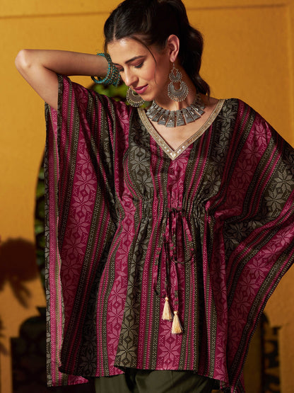 Women's Maroon Geometric Floral Short Kaftan Top
