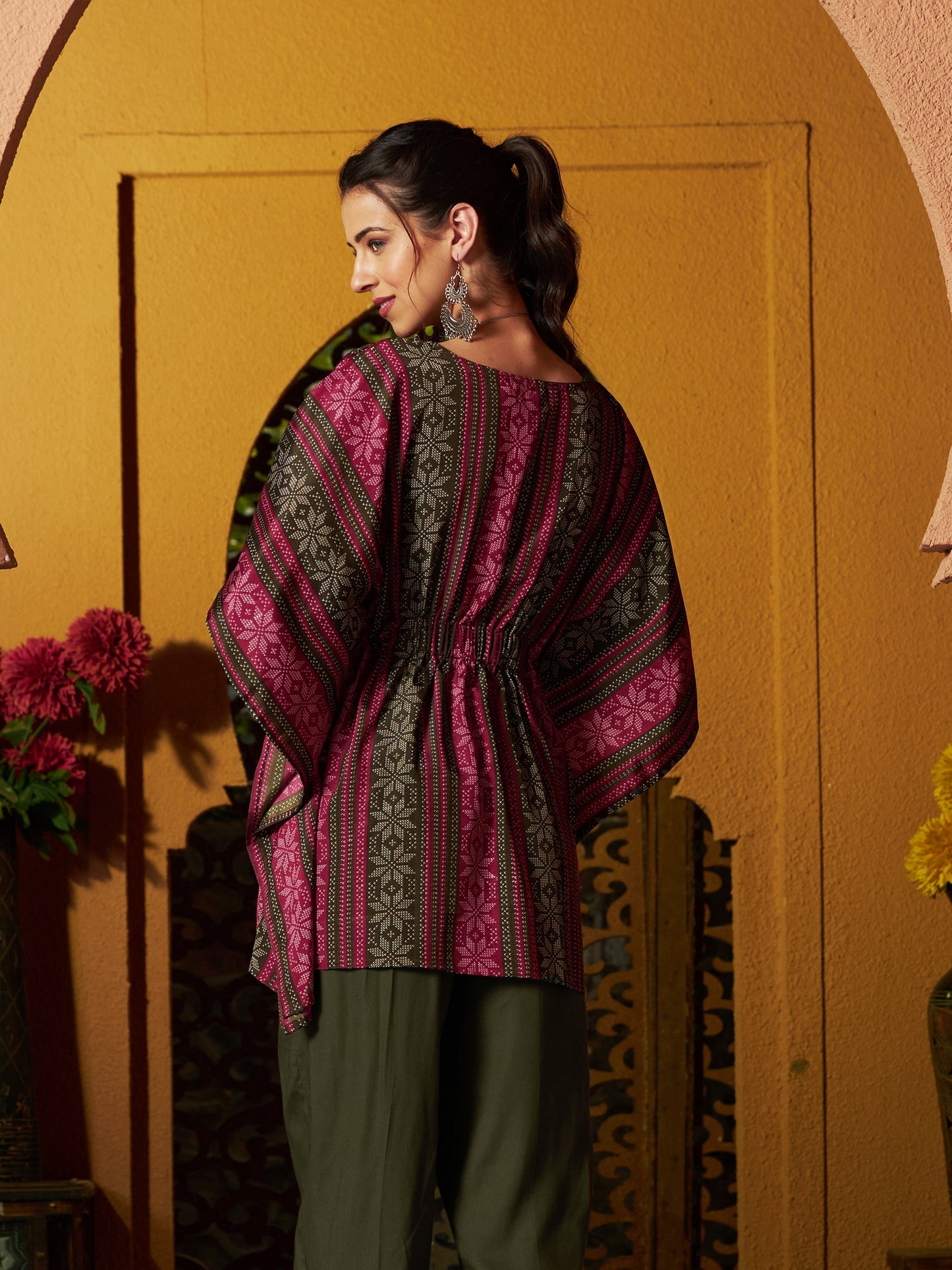 Women's Maroon Geometric Floral Short Kaftan Top