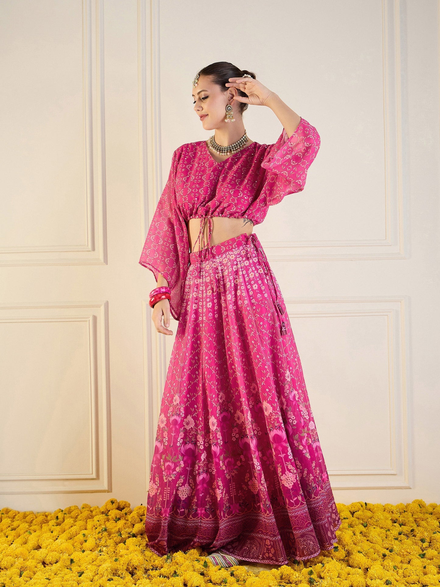 Women's Pink Floral Lehenga Set