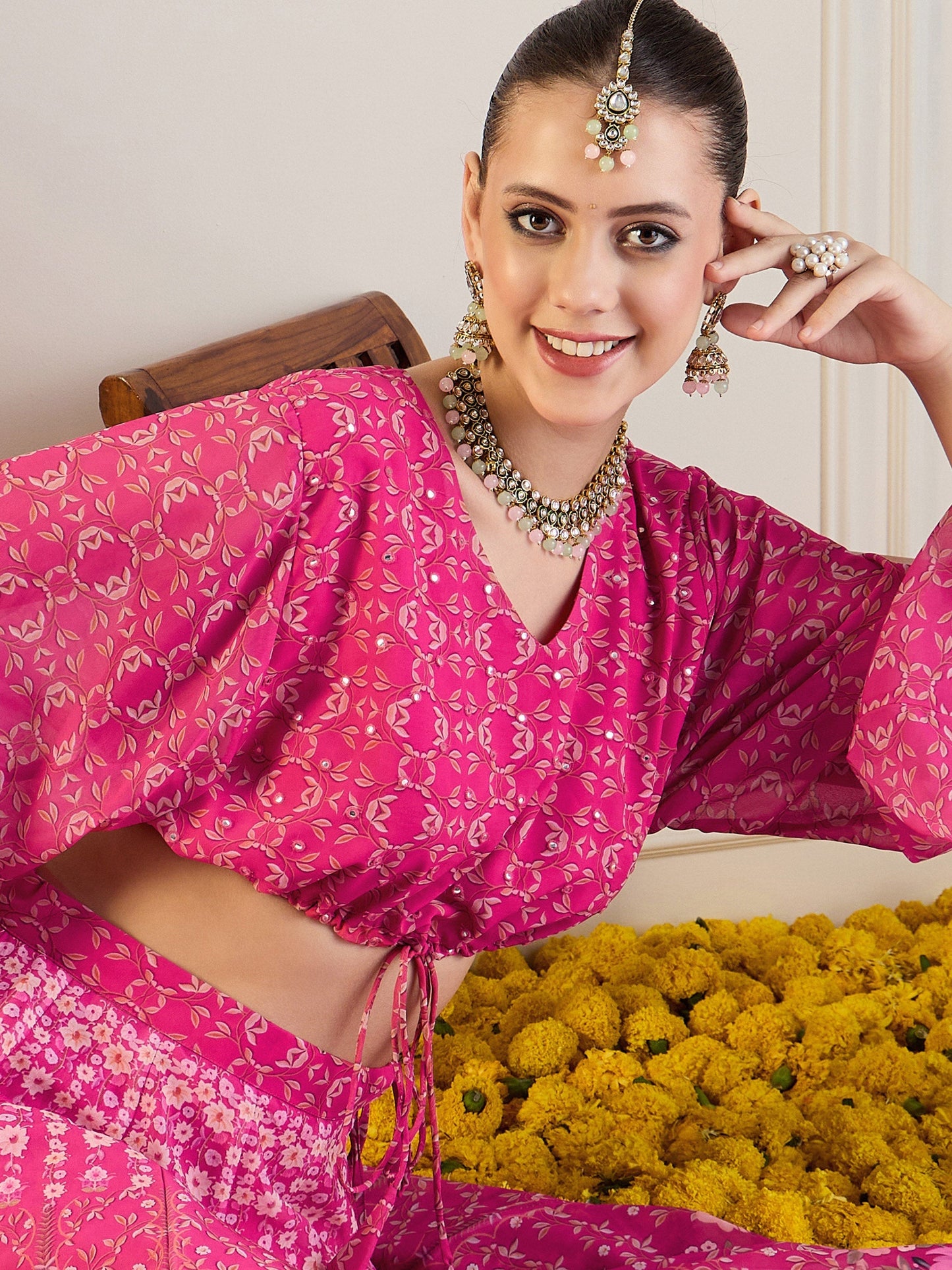 Women's Pink Floral Lehenga Set