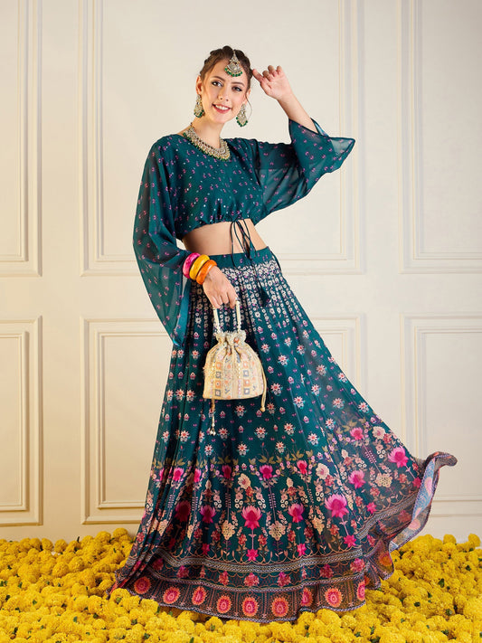 Women's Green Floral Lehenga Set