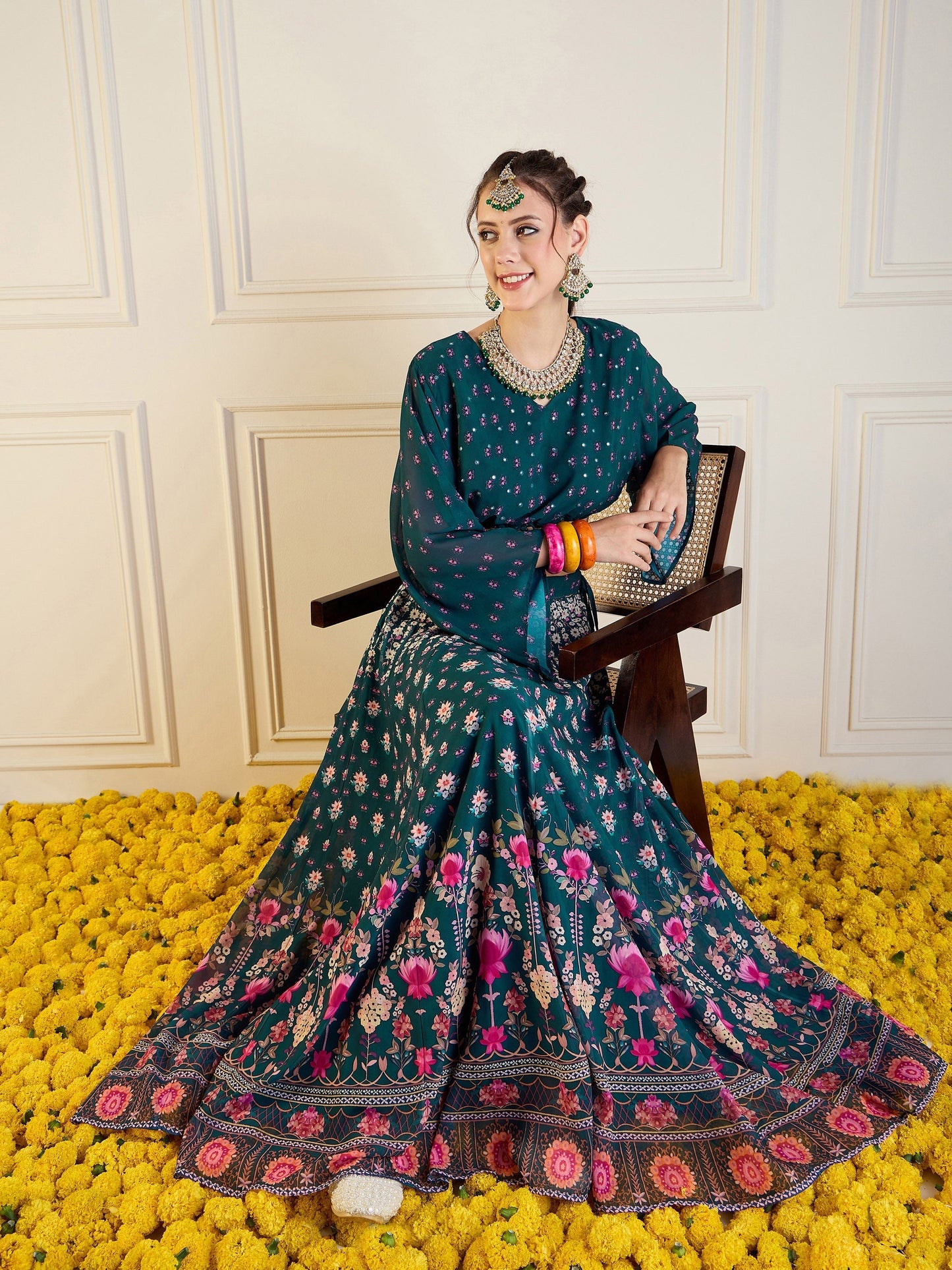 Women's Green Floral Lehenga Set
