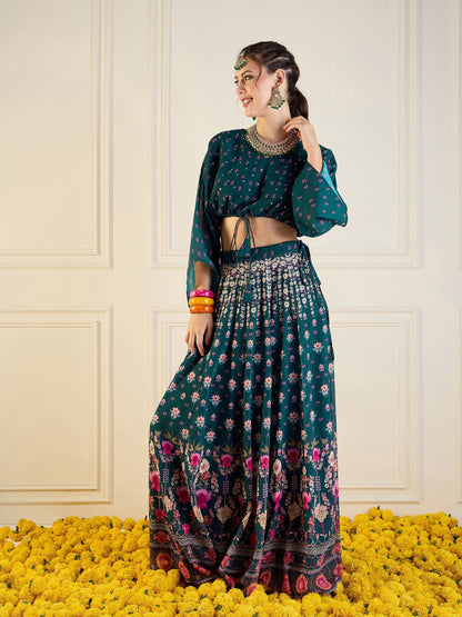 Women's Green Floral Lehenga Set